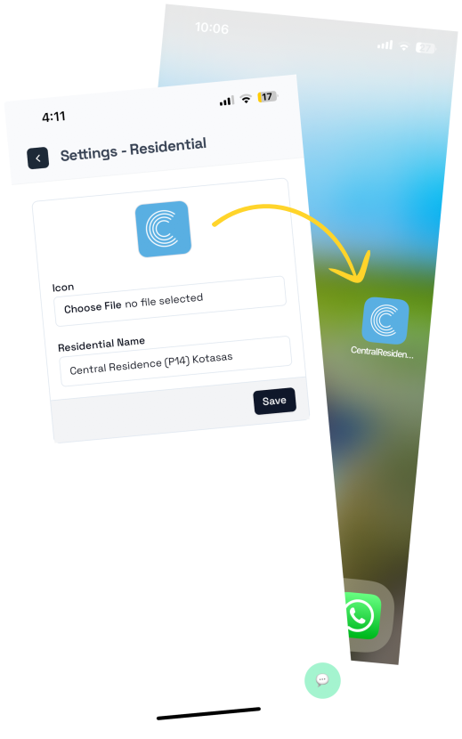 Phone home screen showing default Tetangga icon next to a phone screen showing a customized Tetangga icon
